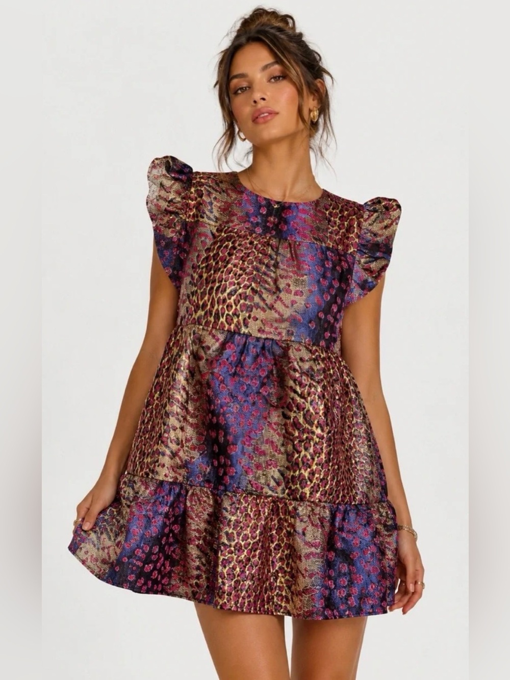 THML NWT metallic animal-print mini dress playful flutter sleeves tiered & skirt